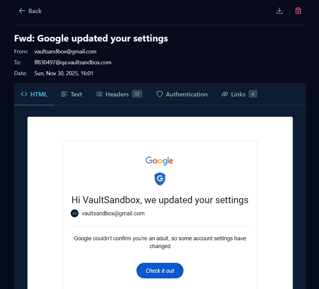 VaultSandbox web interface showing real-time email inspection with HTML preview, headers, link extraction, and SPF/DKIM authentication results